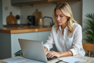 Femme en blouse et jeans gérant ses finances à la maison
