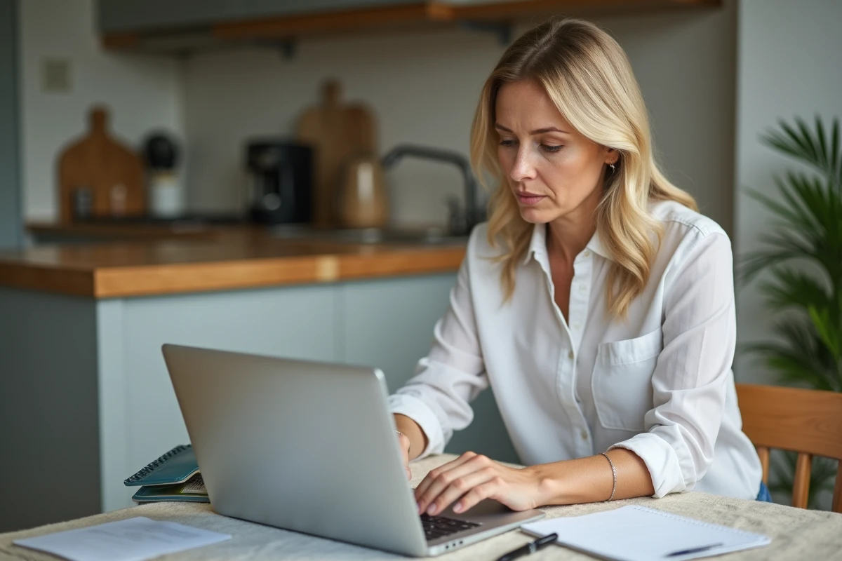 Femme en blouse et jeans gérant ses finances à la maison