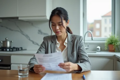 Femme consultant ses relevés bancaires et son livret d'épargne à la table de cuisine, illustrant la gestion quotidienne des finances personnelles et des crédits