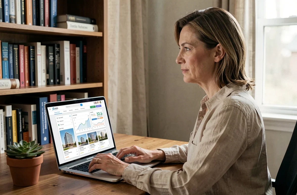 Femme consultant un tableau de bord de gestion de SCPI depuis son bureau à domicile