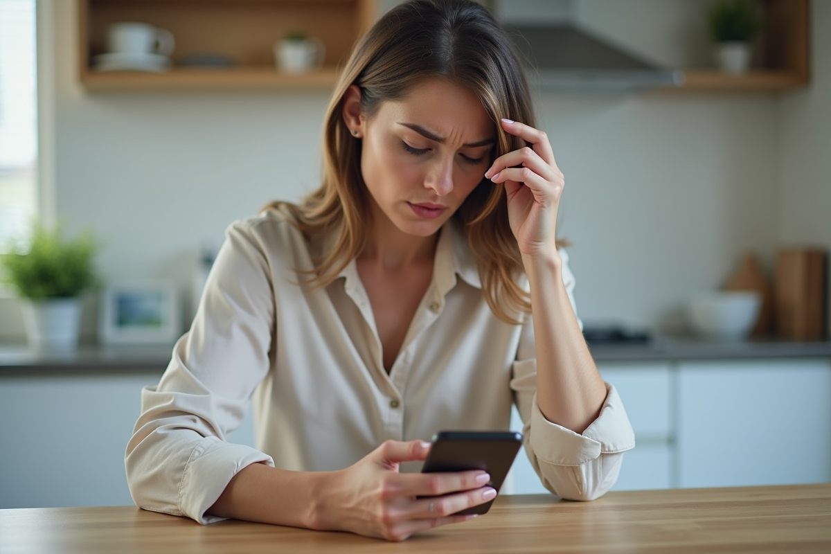 Femme inquiète utilisant une application bancaire sur smartphone