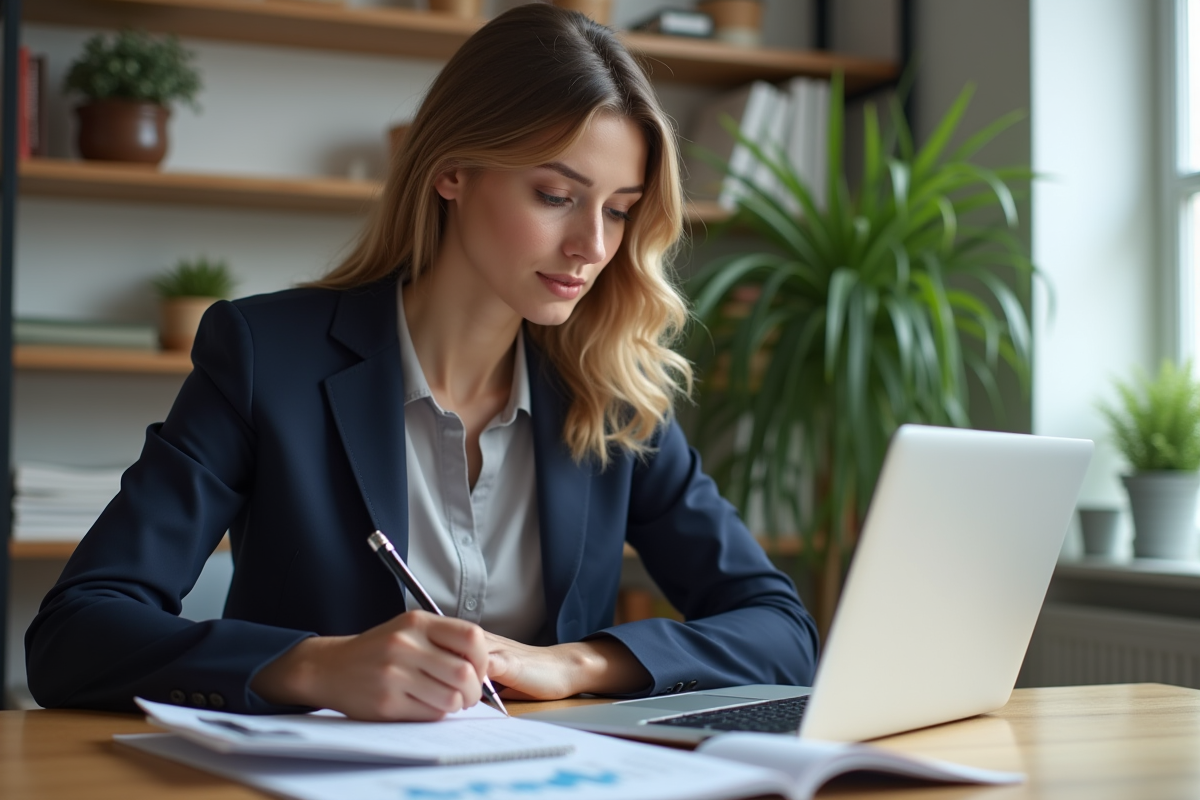 Femme concentrée analysant des graphiques d'investissement dans un bureau moderne