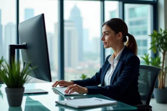 Femme investisseuse analysant des graphiques financiers sur un écran dans un bureau moderne en 2026