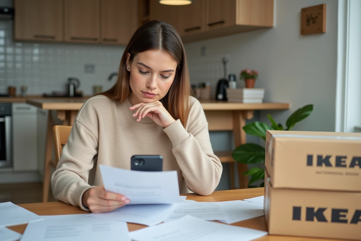 Femme assise à la cuisine avec papiers et colis IKEA