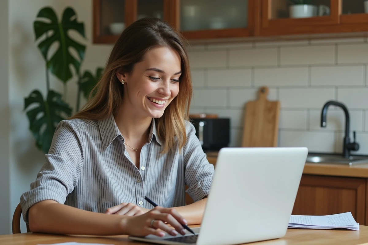 Jeune femme souriante travaillant sur son ordinateur dans la cuisine