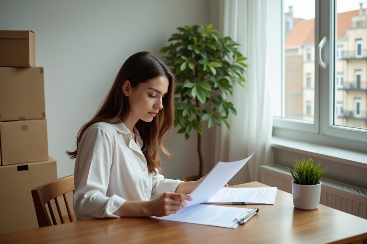 Femme lisant des documents dans un intérieur lumineux