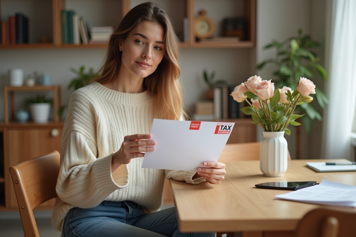Jeune femme lisant une enveloppe fiscale dans un intérieur cosy