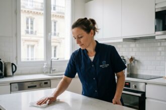 Femme de ménage professionnelle nettoyant une cuisine moderne dans un appartement de Levallois-Perret, service d'entretien à domicile Centre Services