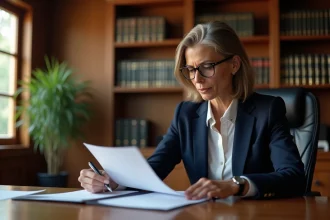Femme notaire examinant des documents d'héritage et de succession dans un bureau professionnel