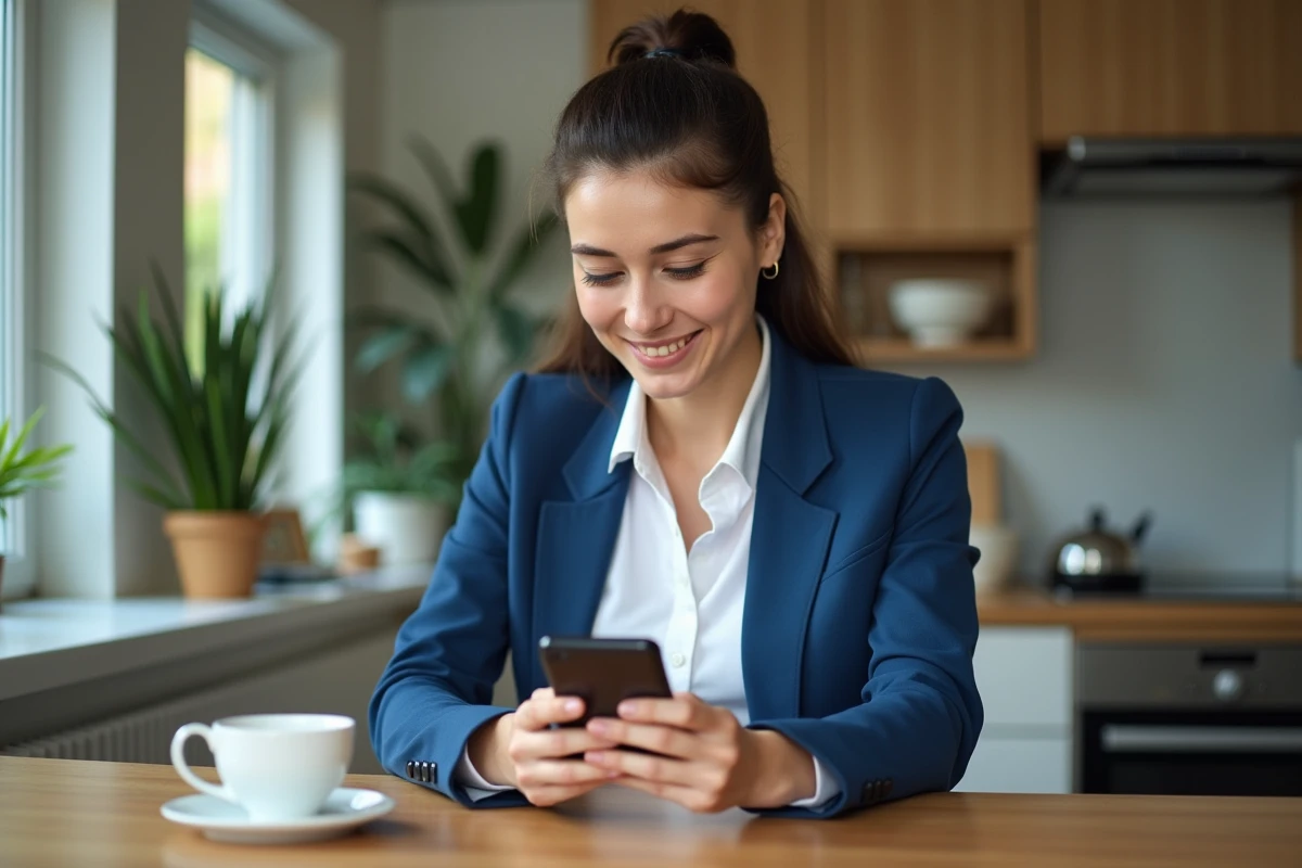 Jeune femme en blazer bleu utilisant son smartphone pour la banque