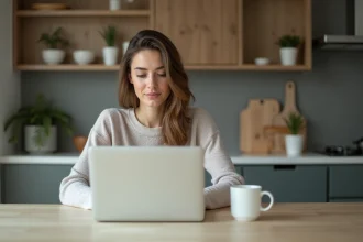Jeune femme vérifiant ses comptes sur un ordinateur portable à la maison
