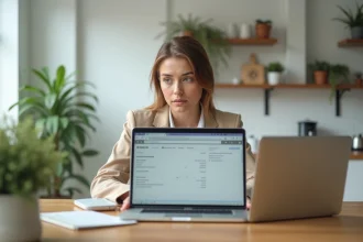 Femme souriante avec ordinateur et relevé bancaire
