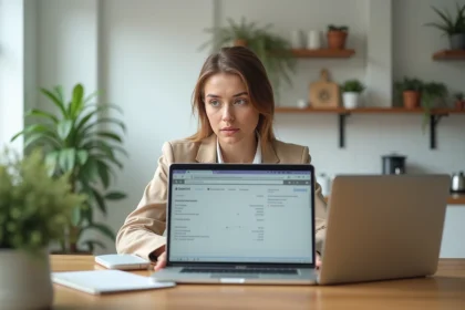 Femme souriante avec ordinateur et relevé bancaire
