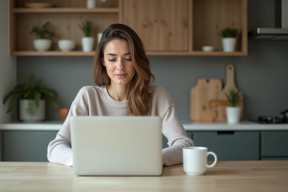 Jeune femme vérifiant ses comptes sur un ordinateur portable à la maison