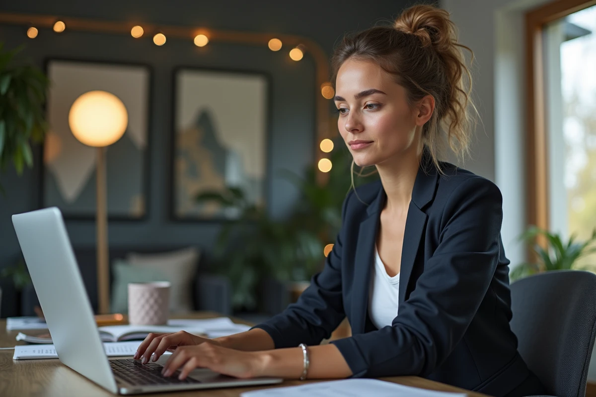 Jeune femme en blazer étudiant crypto sur son ordinateur