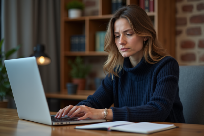 Femme pensante devant un ordinateur avec dashboard crypto