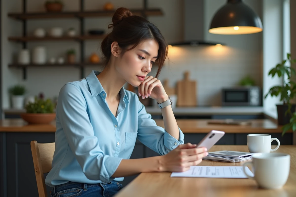Jeune femme regardant son téléphone dans la cuisine