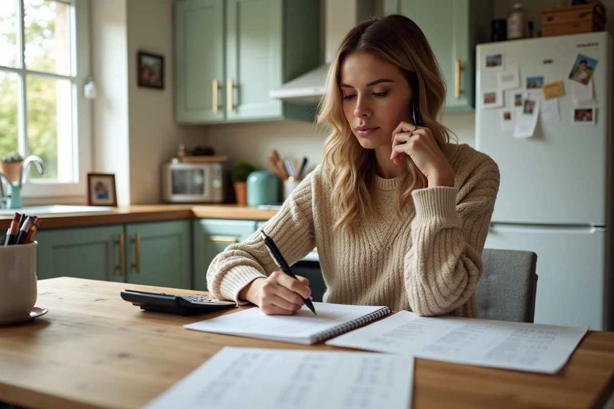 Femme organisée vérifiant ses feuilles de temps dans la cuisine