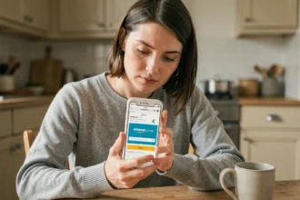 Femme utilisant son smartphone pour payer un abonnement Amazon Prime avec une carte Bimpli dans sa cuisine