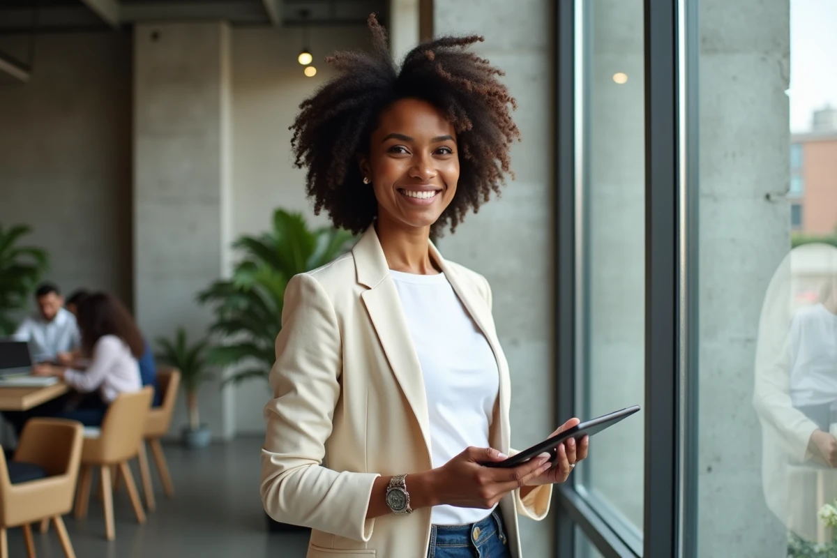 Femme cadre consultant son portefeuille ETF sur tablette dans un espace de coworking moderne
