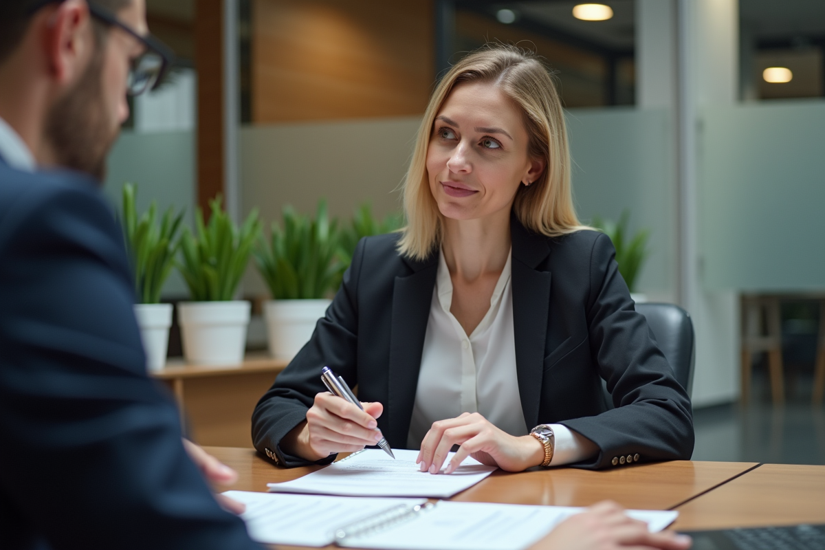 Femme en costume examinant des documents de prêt dans une banque