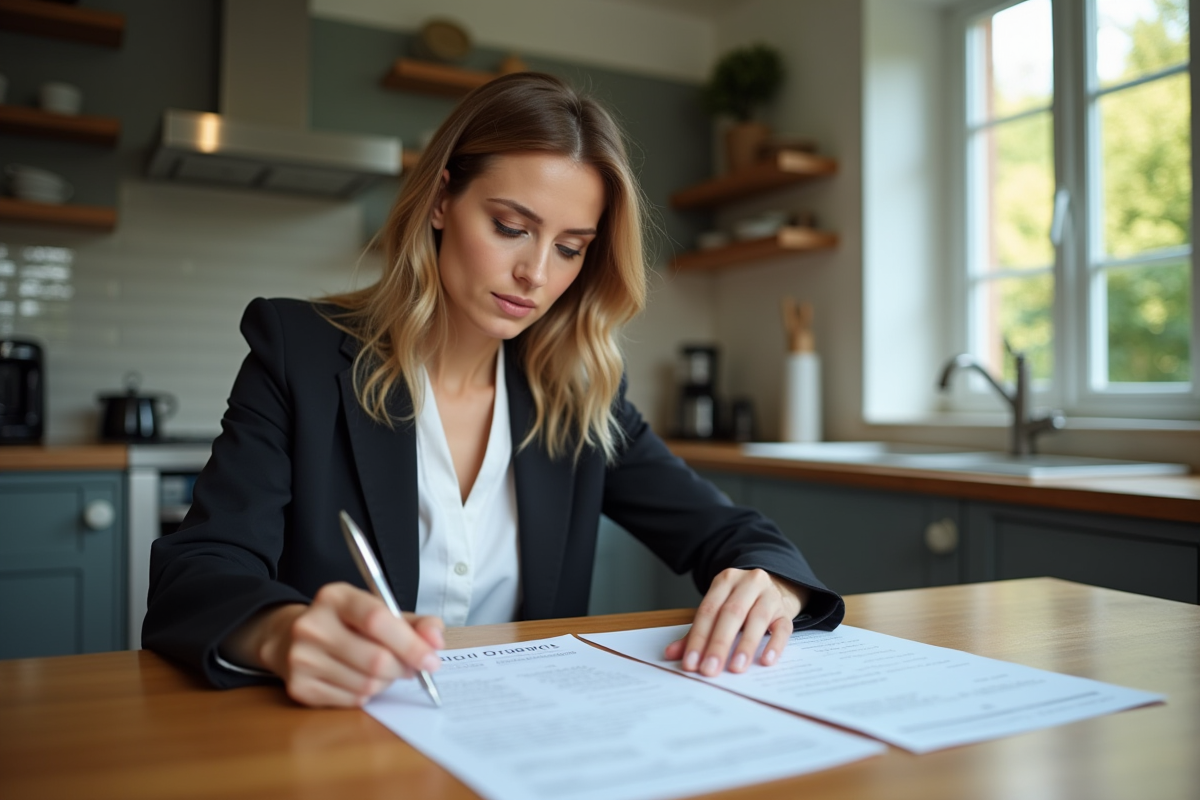Femme professionnelle examine documents de prêt immobilier à la maison