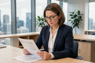 Femme professionnelle étudiant des documents financiers liés à un investissement en SCPI dans un bureau moderne