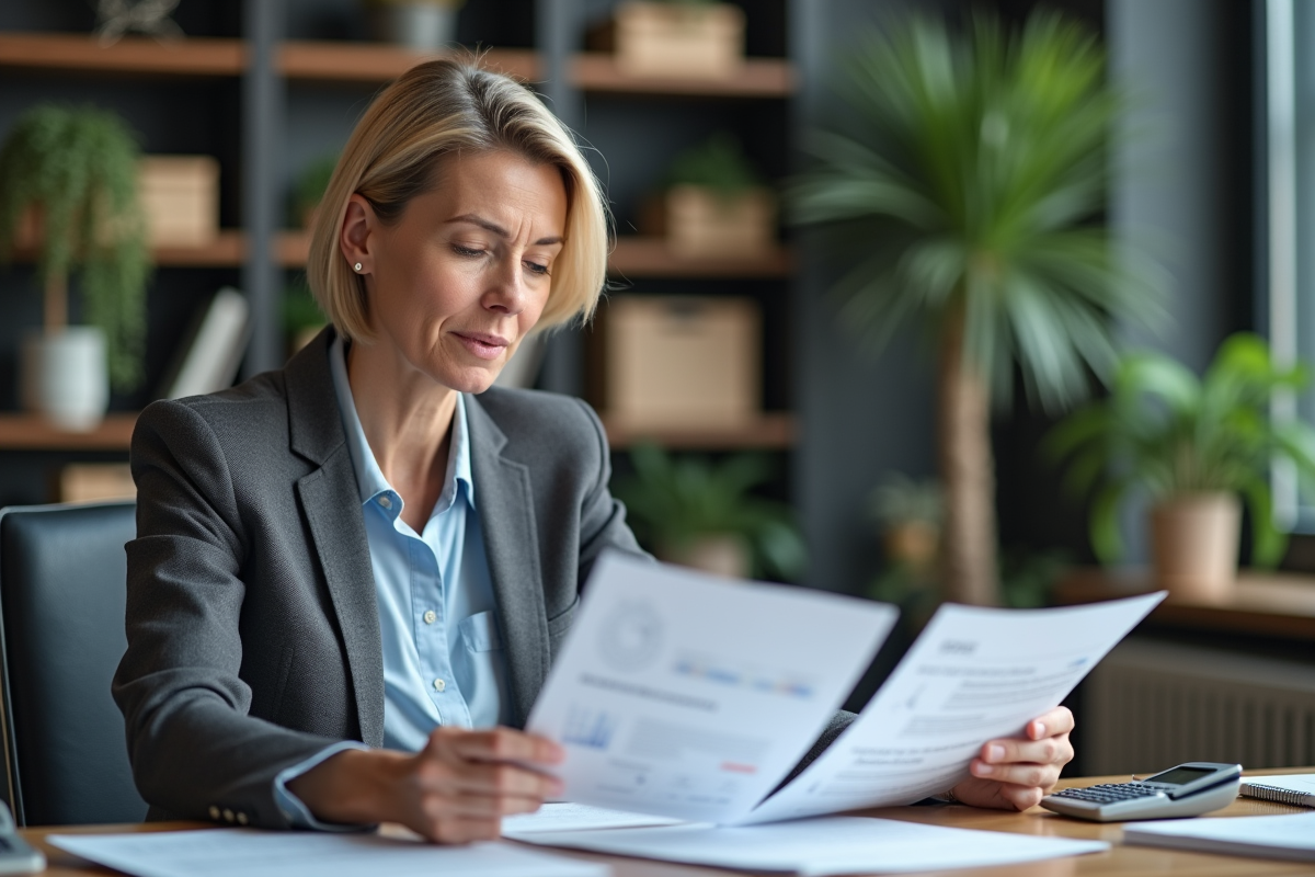 Femme d age moyen en bureau examine deux documents