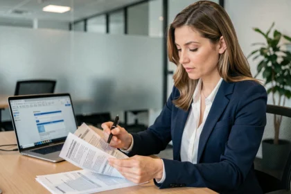 Femme professionnelle en blazer marine analysant des documents de devis d'assurance RC pro dans un bureau moderne