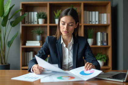 Femme professionnelle en réunion avec documents officiels