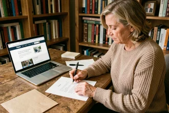 Femme rédigeant une lettre de sinistre à son assureur ACM IARD depuis son bureau à domicile