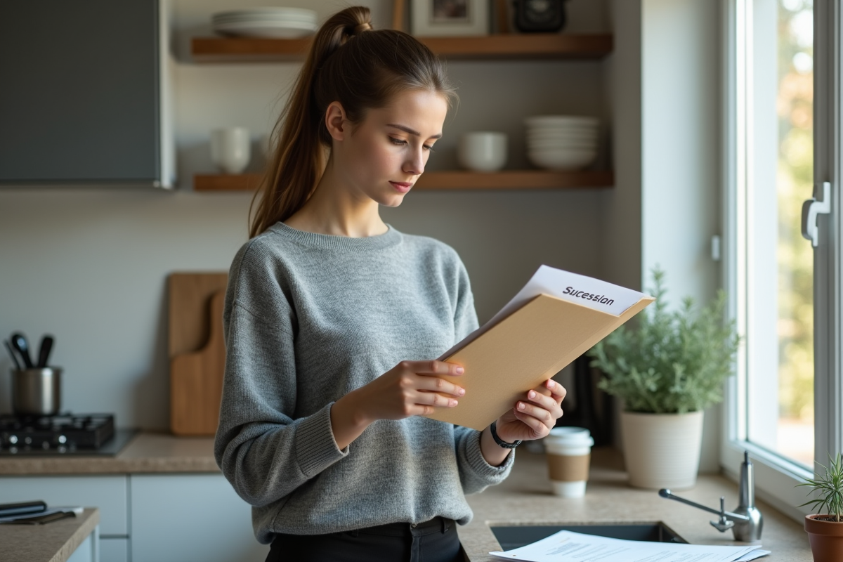 Jeune femme réfléchissant avec dossier dans une cuisine lumineuse
