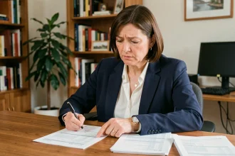 Femme consultant ses relevés bancaires à son bureau à domicile, inquiète de la fermeture de son Livret A en 2026