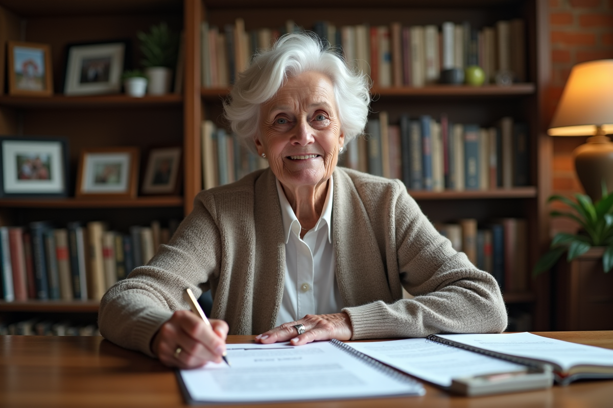 Femme âgée examinant des papiers de retraite dans son bureau