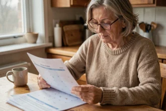 Femme retraitée consultant un calendrier de paiement de retraite complémentaire à la maison