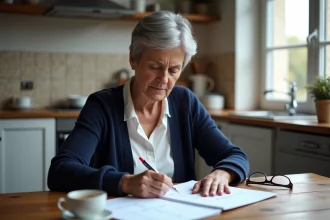 Femme senior consultant un calendrier de paiement de pension invalidité 2026 dans une cuisine française
