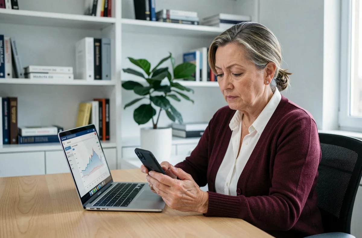 Femme senior vérifiant ses comptes Crcafc en toute sécurité depuis un bureau à domicile