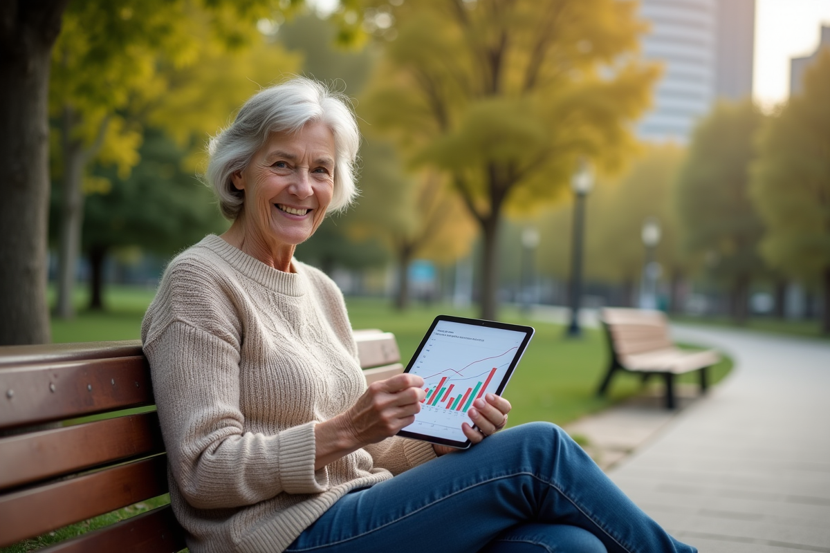 Femme senior souriante avec tablette dans un parc