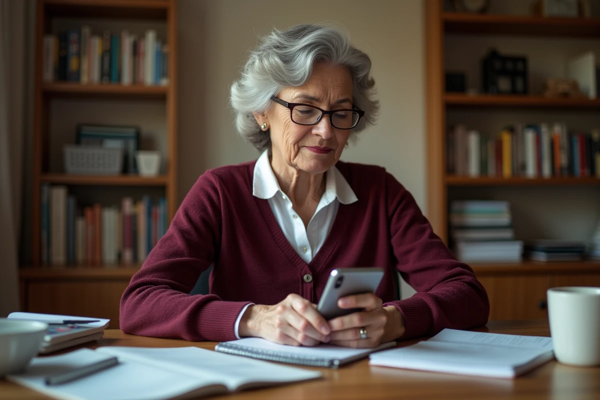 Femme senior naviguant sur le site LCL particulier depuis son bureau à domicile