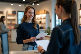Femme souriante au service client dans un magasin moderne