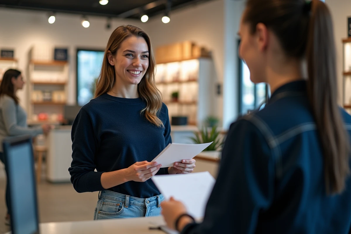 Femme souriante au service client dans un magasin moderne