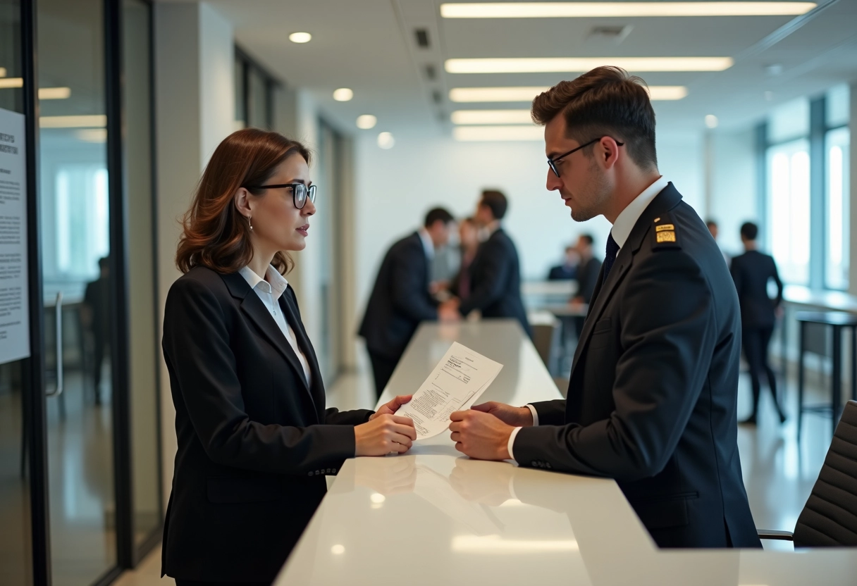Femme en blazer discutant avec agent dans bureau public
