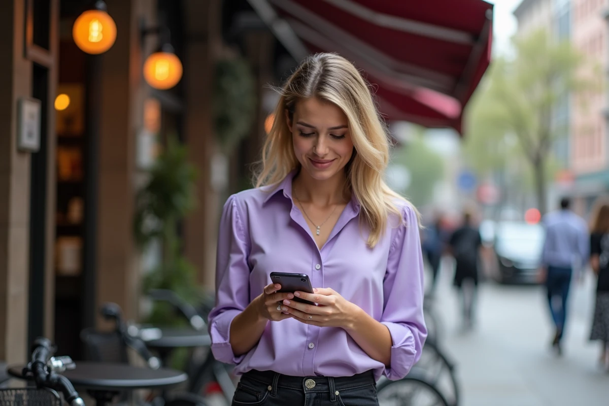 Femme utilisant une application bitcoin sur son smartphone