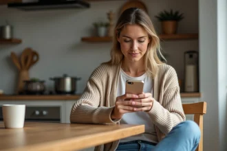 Femme utilisant son smartphone dans une cuisine moderne