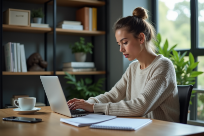 Femme en home office analysant des applications de trading
