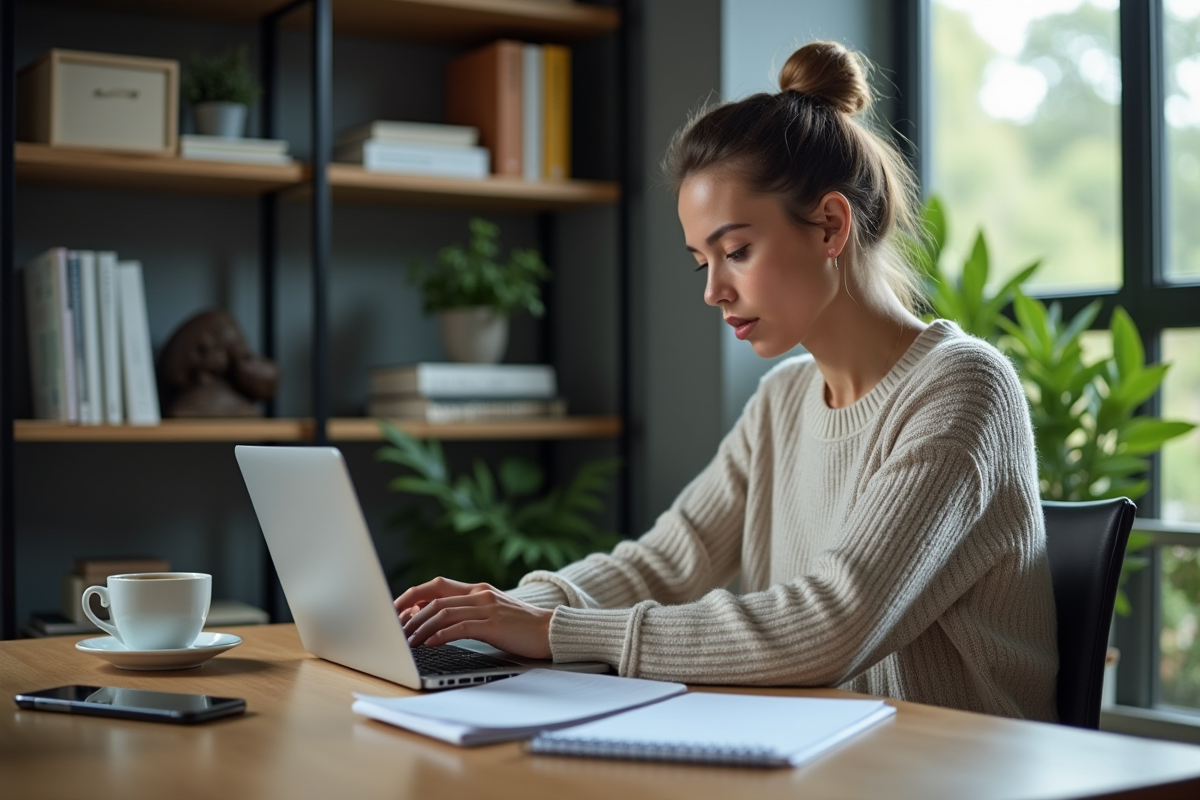 Femme en home office analysant des applications de trading