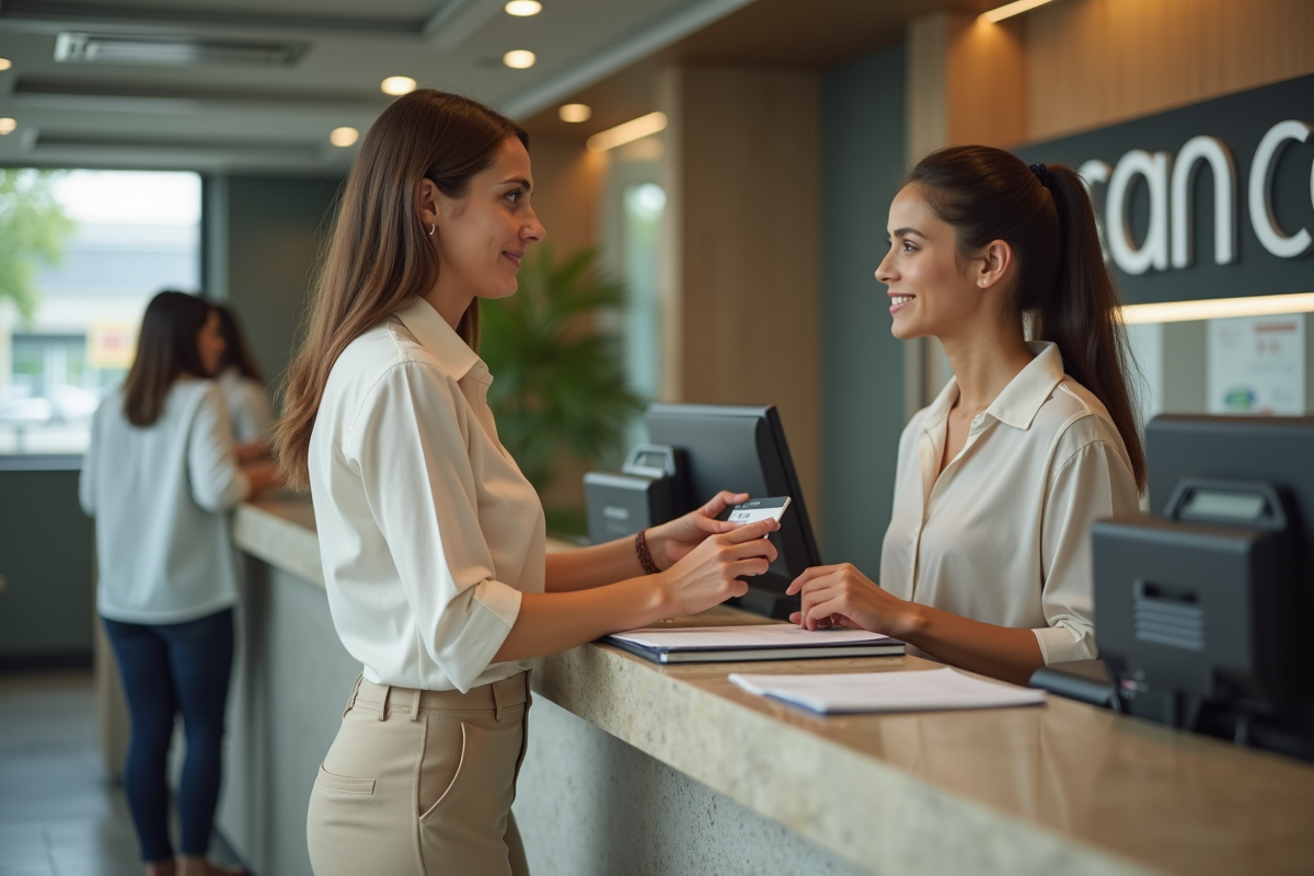 Femme remettant ses papiers à une employée de banque au guichet