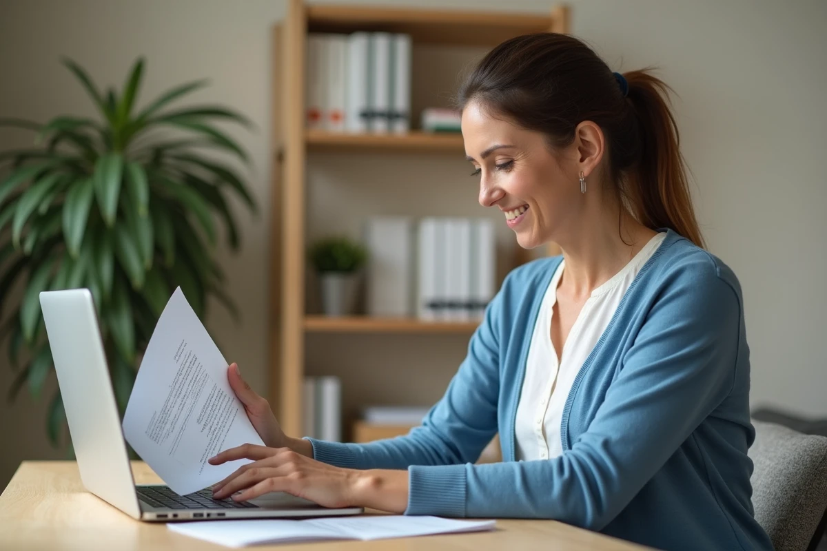 Femme d'environ 40 ans travaillant sur ses finances à domicile