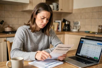 Femme consultant son relevé bancaire à la maison pour vérifier un prélèvement SGS Automotive de 30 euros