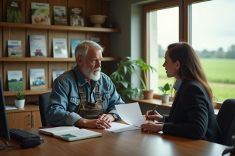 Homme fermier discutant avec une banquière dans un bureau rural